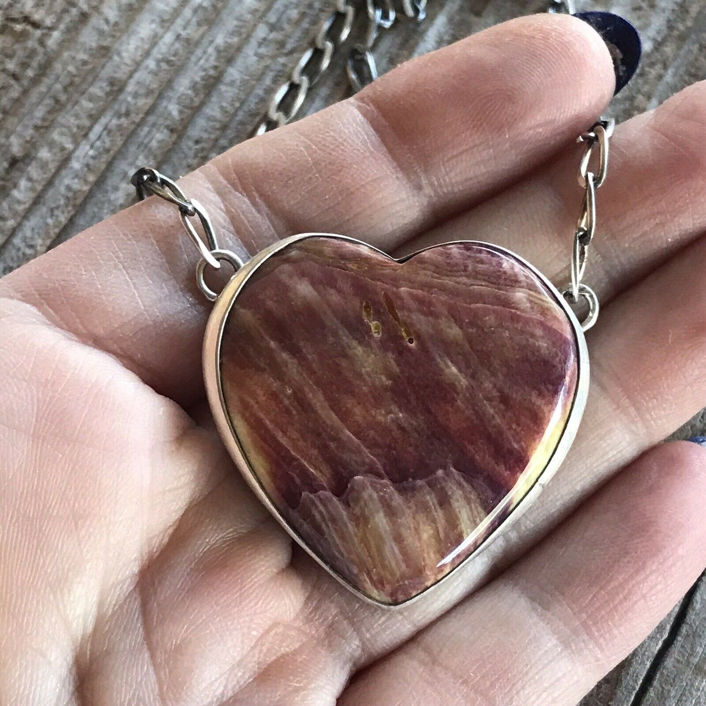 Navajo Purple Spiny And Sterling Silver Heart Necklace Signed