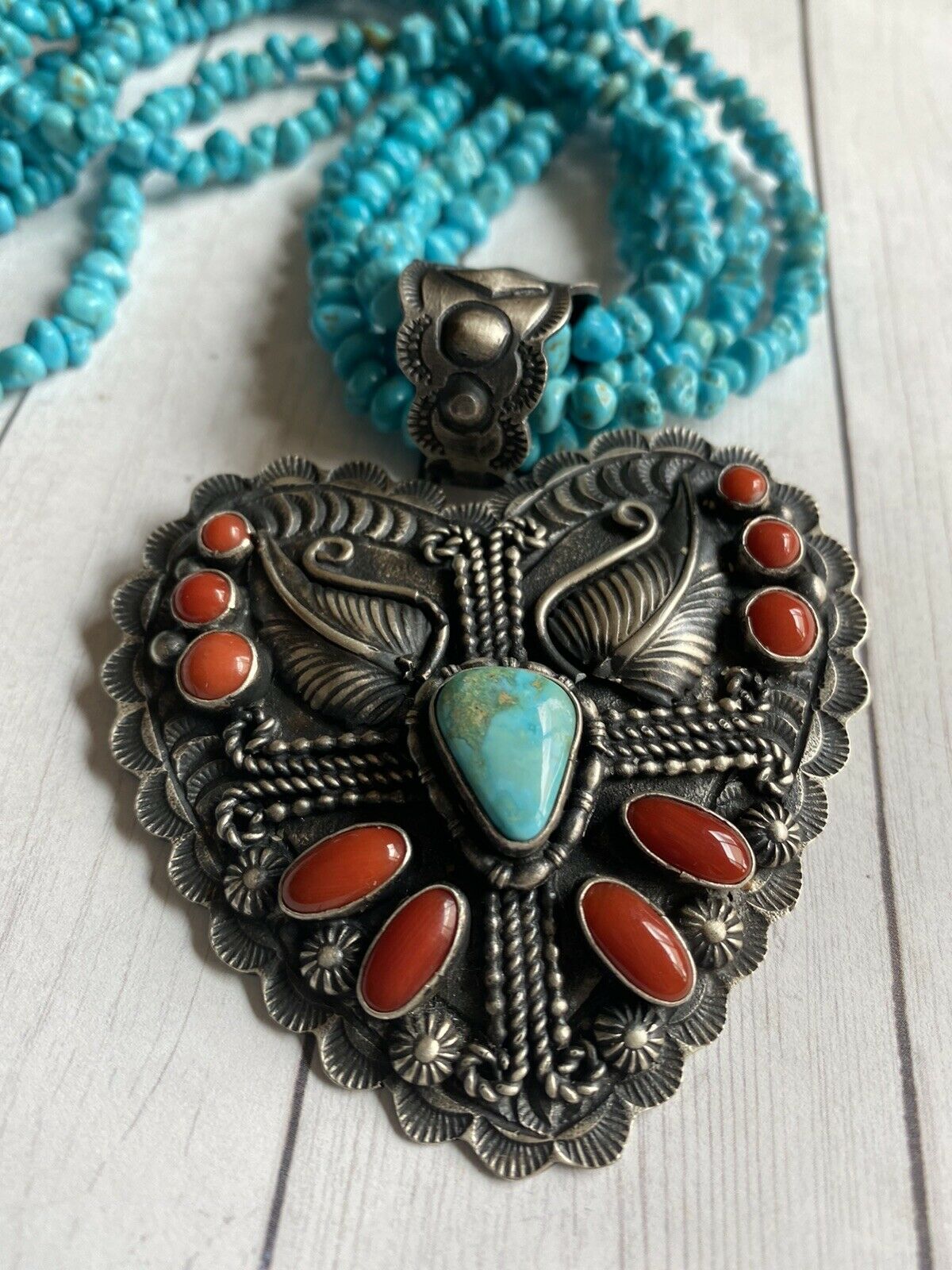 Shawn Cayatenito Sterling Silver Turquoise & Coral Heart Pendant Signed