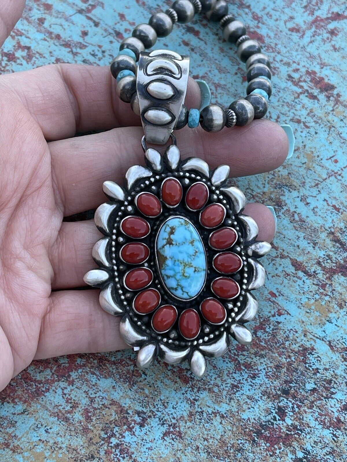 Navajo Sterling Kingman Web Turquoise & Red Coral Taos Ornate Pendant D. Clark