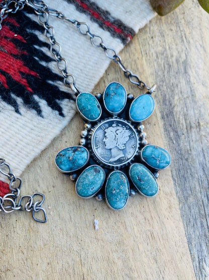 Navajo Sterling Silver & Carico Lake Turquoise Liberty Coin Necklace