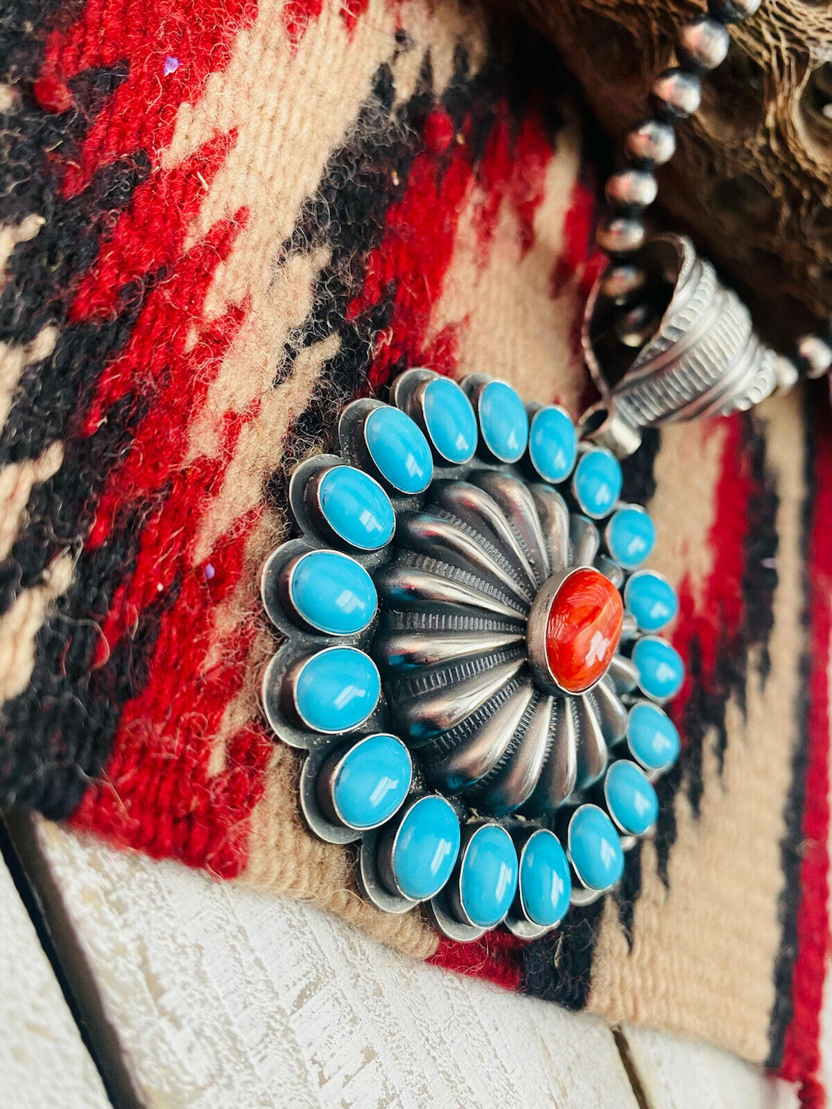 Navajo Sterling Silver, Turquoise & Red Spiny Pendant Signed