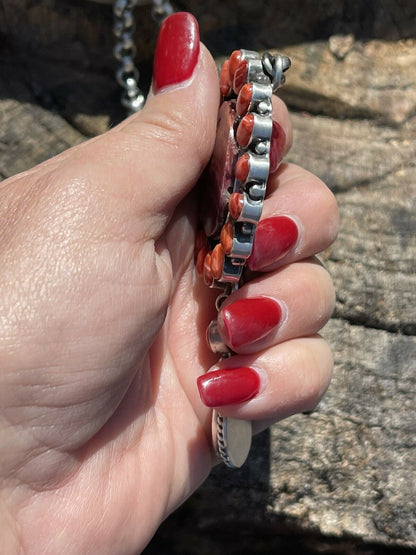 Navajo Purple & Orange Spiny Sterling Silver Drop Cluster Necklace Signed Begay