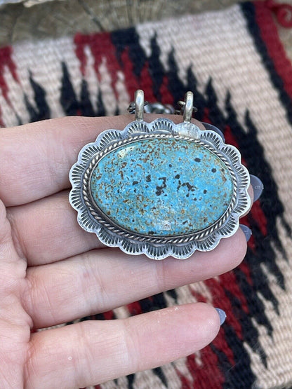 Navajo Sterling Silver & Royston Turquoise Stone Southwest Necklace Signed