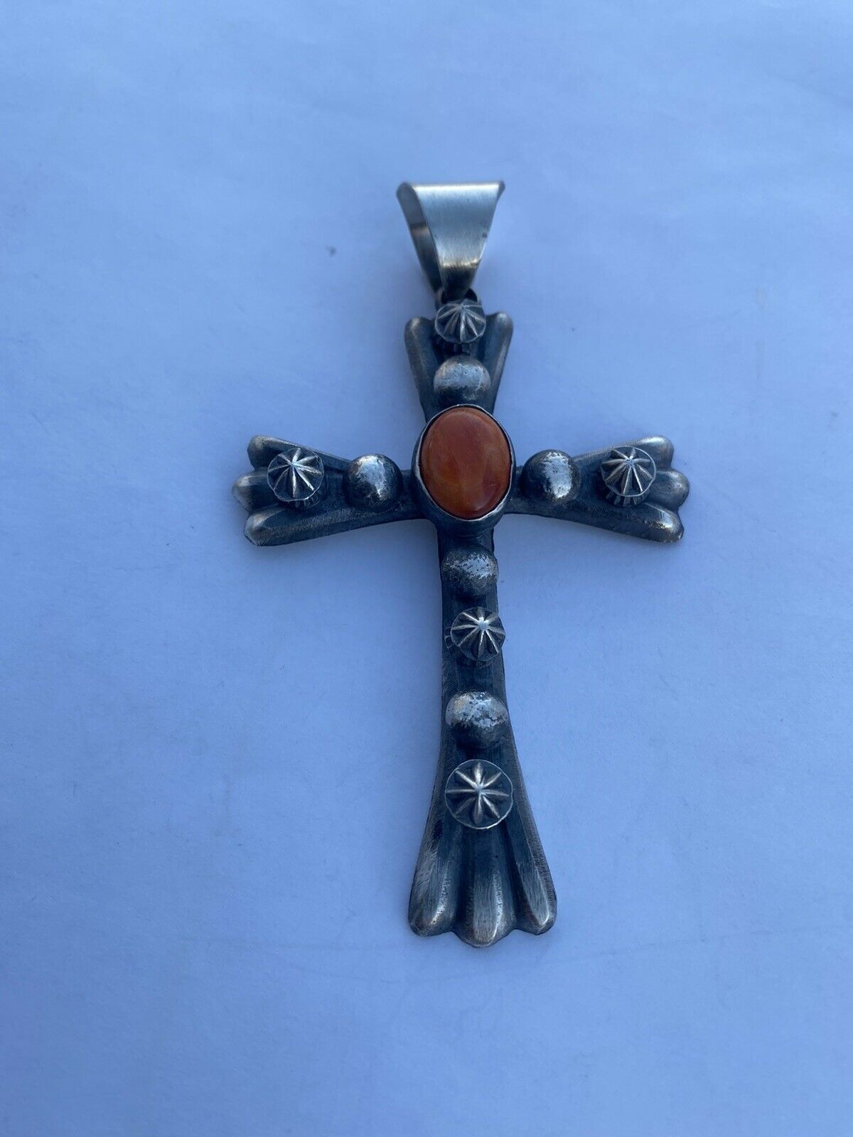 Navajo Sterling Silver & Orange Spiny Shell  Cross Pendant Chimney Butte