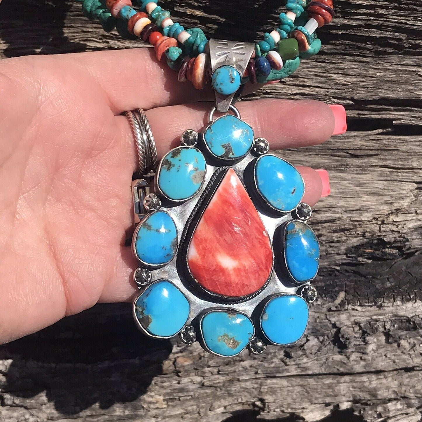 Navajo Sterling Silver Spiny Oyster And Kingman Turquoise Pendant