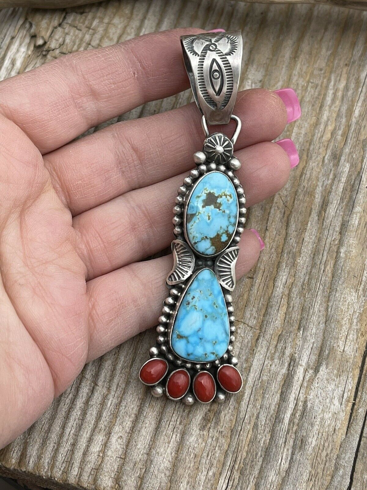 Navajo Sterling Kingman Web Turquoise & Red Coral Taos Pendant Danny Clark