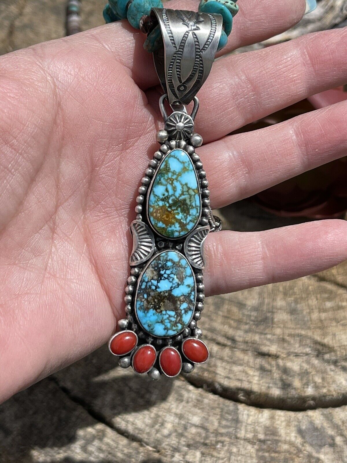 Navajo Sterling Kingman Web Turquoise & Red Coral Taos Pendant Danny Clark