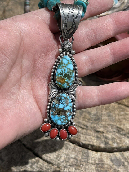 Navajo Sterling Kingman Web Turquoise & Red Coral Taos Pendant Danny Clark