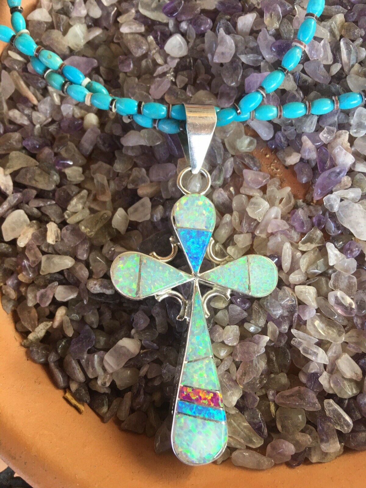 Navajo Multi Stone And Sterling Silver Two Sided Inlay Cross Pendant