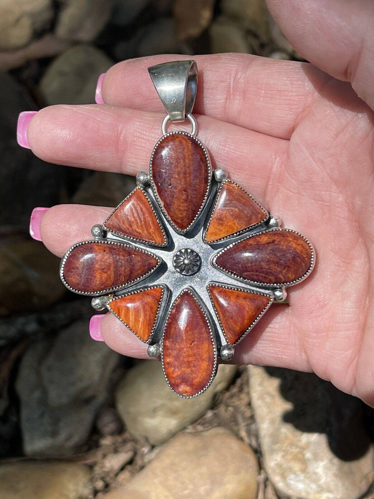 Navajo Sterling Silver Orange Spiny  Jumbo Cluster Pendant