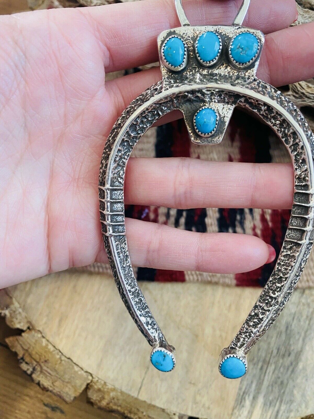 Navajo Sterling Silver & Kingman Turquoise Naja Pendant Signed