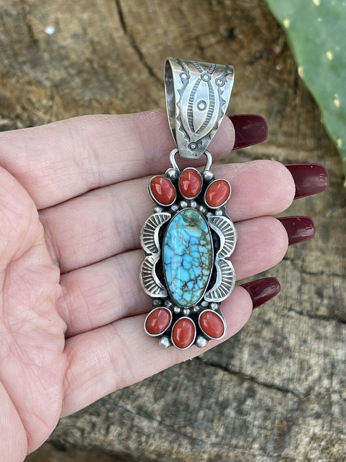 Navajo Sterling Kingman Web Turquoise & Red Coral Pendant Taos Collection