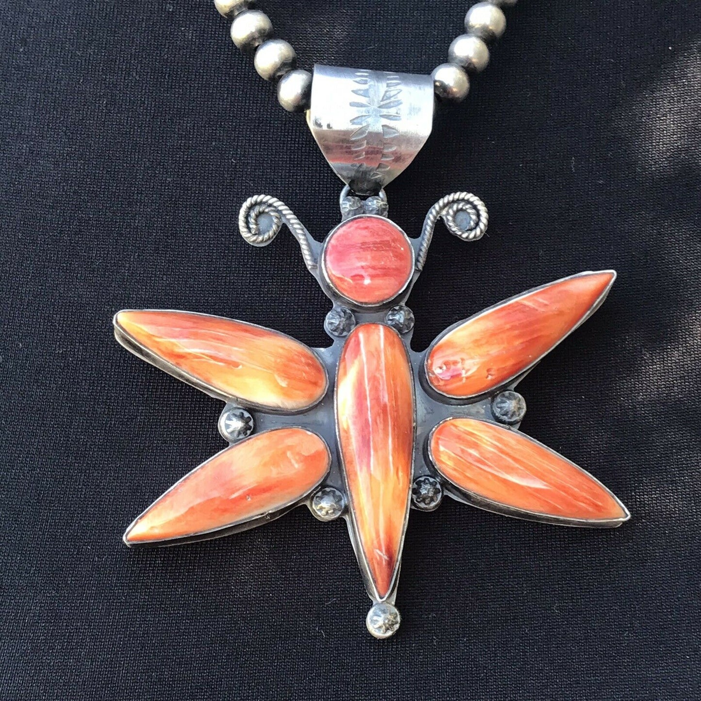 Navajo Sterling Silver Orange  Spiny Oyster Dragonfly Pendant Signed