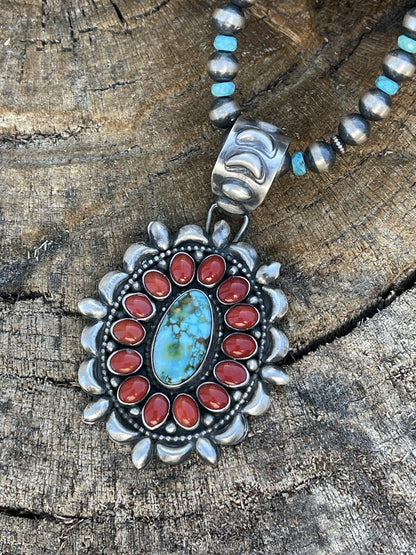 Navajo Sterling Kingman Web Turquoise & Red Coral Taos Ornate Pendant D. Clark