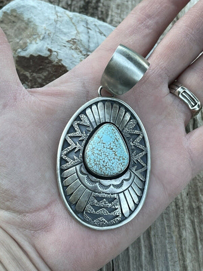 Navajo Dry Creek Turquoise Stone & Sand Cast Sterling Silver Pendant Signed