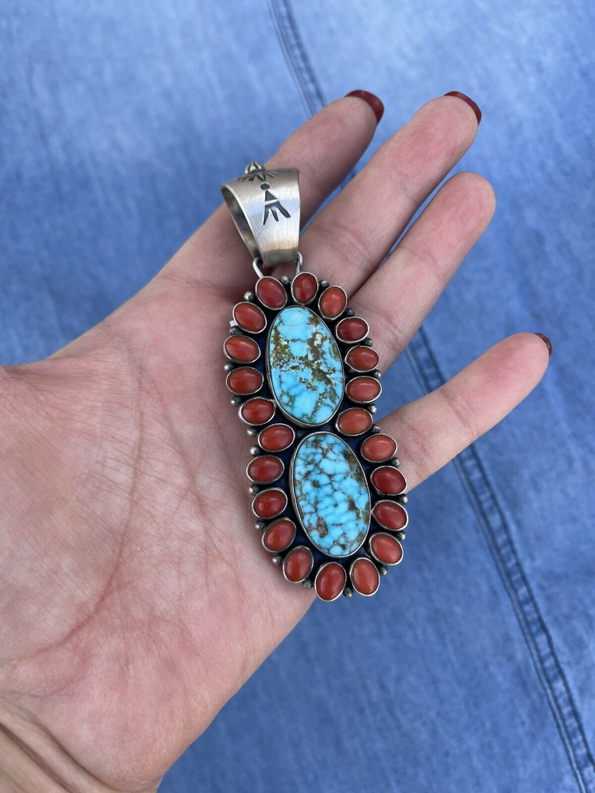 Navajo Sterling 2 Stone Kingman Web Turquoise & Red Coral Taos Pendant