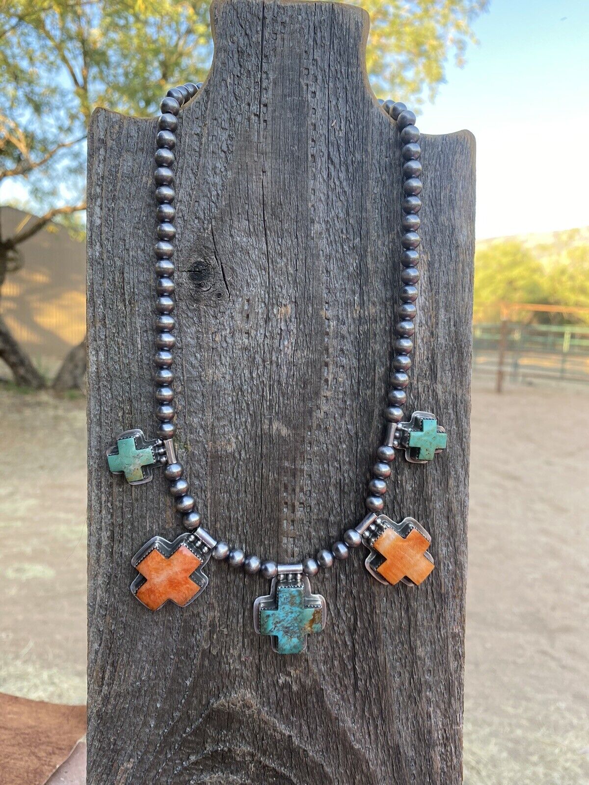 Buffalo Dancer Kingman Turquoise & Spiny Sterling Cross Beaded Necklace Signed