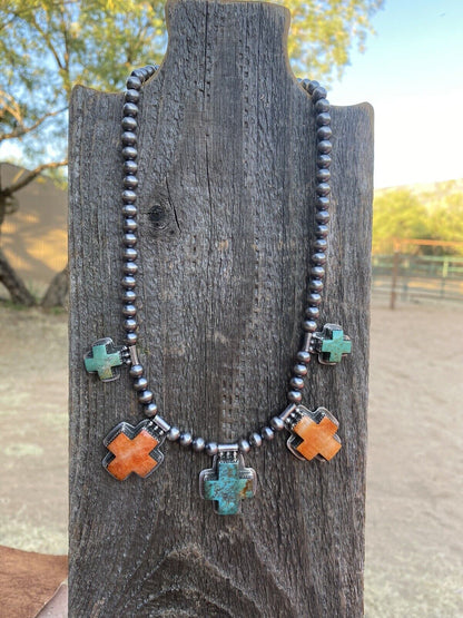 Buffalo Dancer Kingman Turquoise & Spiny Sterling Cross Beaded Necklace Signed