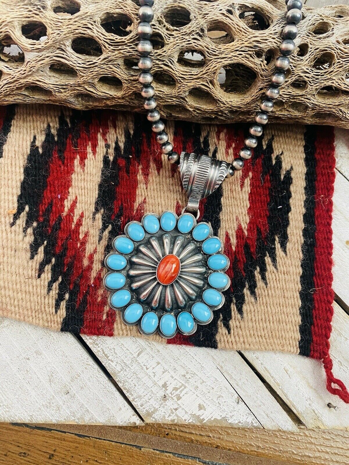 Navajo Sterling Silver, Turquoise & Red Spiny Pendant Signed