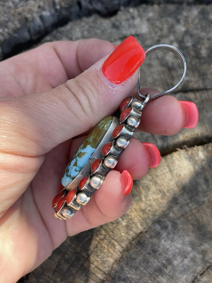 Navajo Sterling Silver Kingman Web Turquoise & Red Coral Taos Cluster Pendant