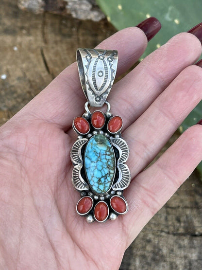 Navajo Sterling Kingman Web Turquoise & Red Coral Pendant Taos Collection