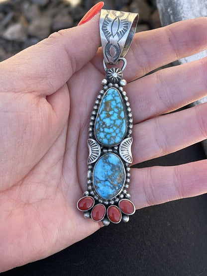 Navajo Sterling Kingman Web Turquoise & Red Coral Taos Pendant Danny Clark