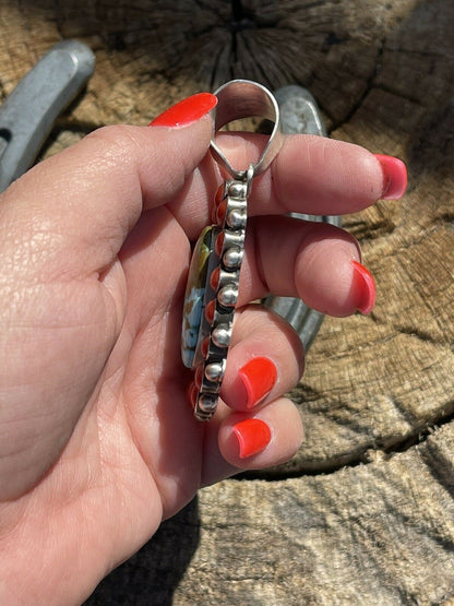 Navajo Sterling Silver Kingman Web Turquoise & Red Coral Taos Cluster Pendant