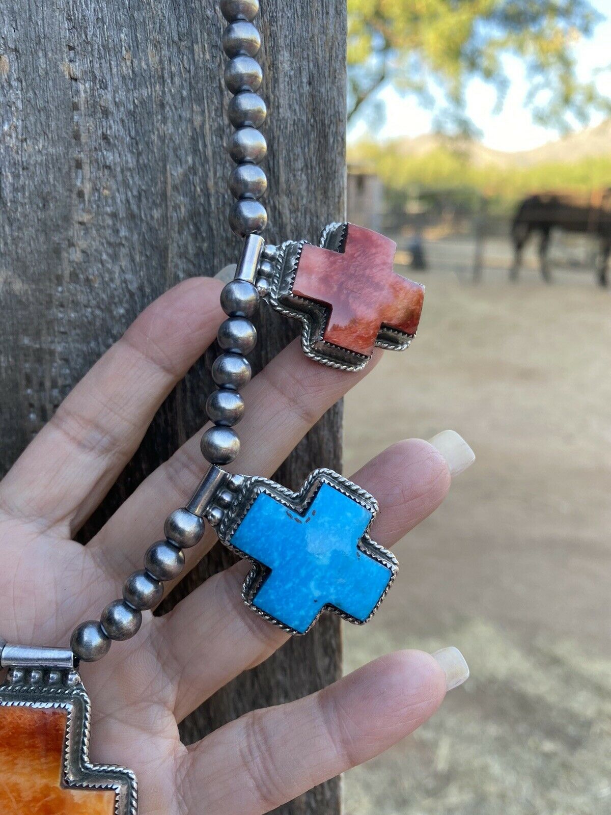 Buffalo Dancer Kingman Turquoise & Spiny Sterling Cross Beaded Necklace Signed