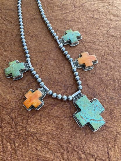 Buffalo Dancer Kingman Turquoise & Spiny Sterling Cross Beaded Necklace Signed