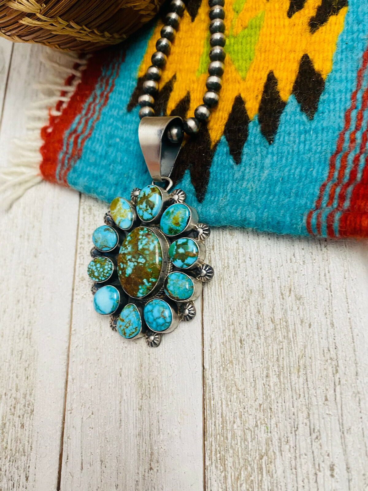 Navajo Sterling Silver & Kingman Web Turquoise Pendant By Kathleen Chavez