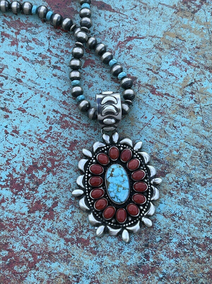 Navajo Sterling Kingman Web Turquoise & Red Coral Taos Ornate Pendant D. Clark