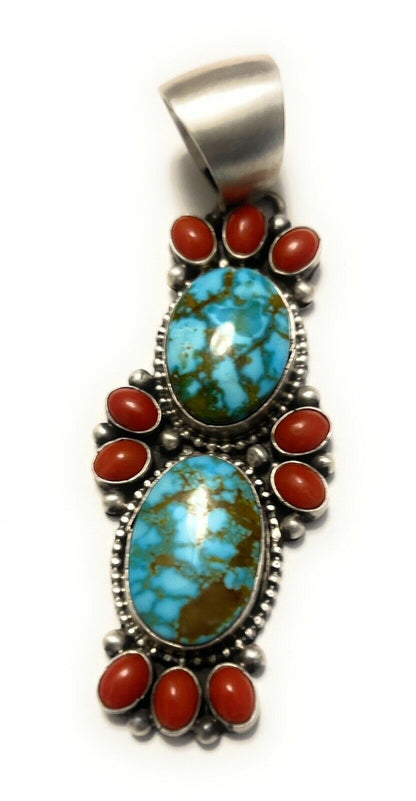 Navajo Sterling Kingman Web Turquoise & Red Coral Taos Pendant Bea Tom