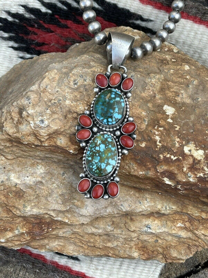 Navajo Sterling Kingman Web Turquoise & Red Coral Taos Pendant Bea Tom