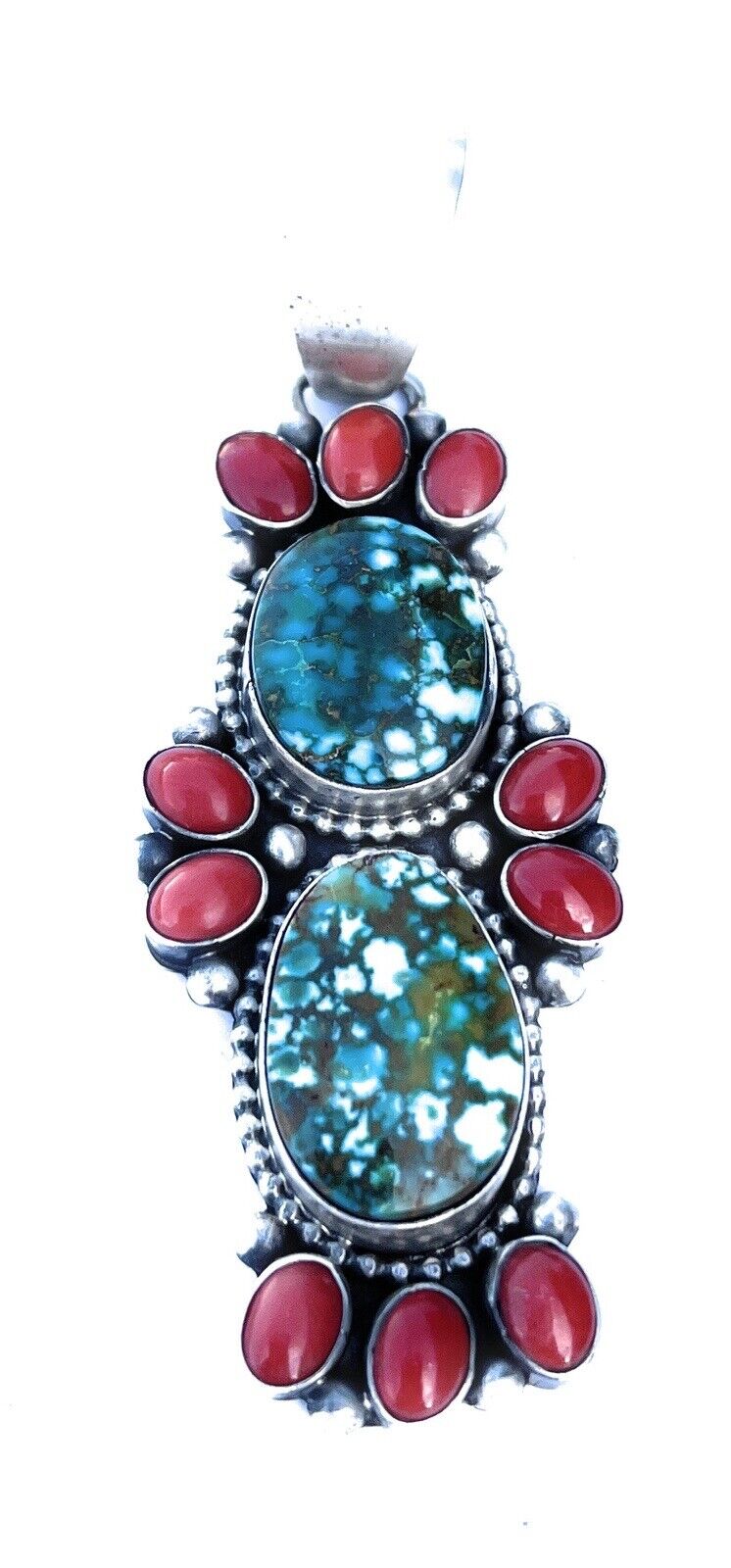 Navajo Sterling Kingman Web Turquoise & Red Coral Taos Pendant Bea Tom