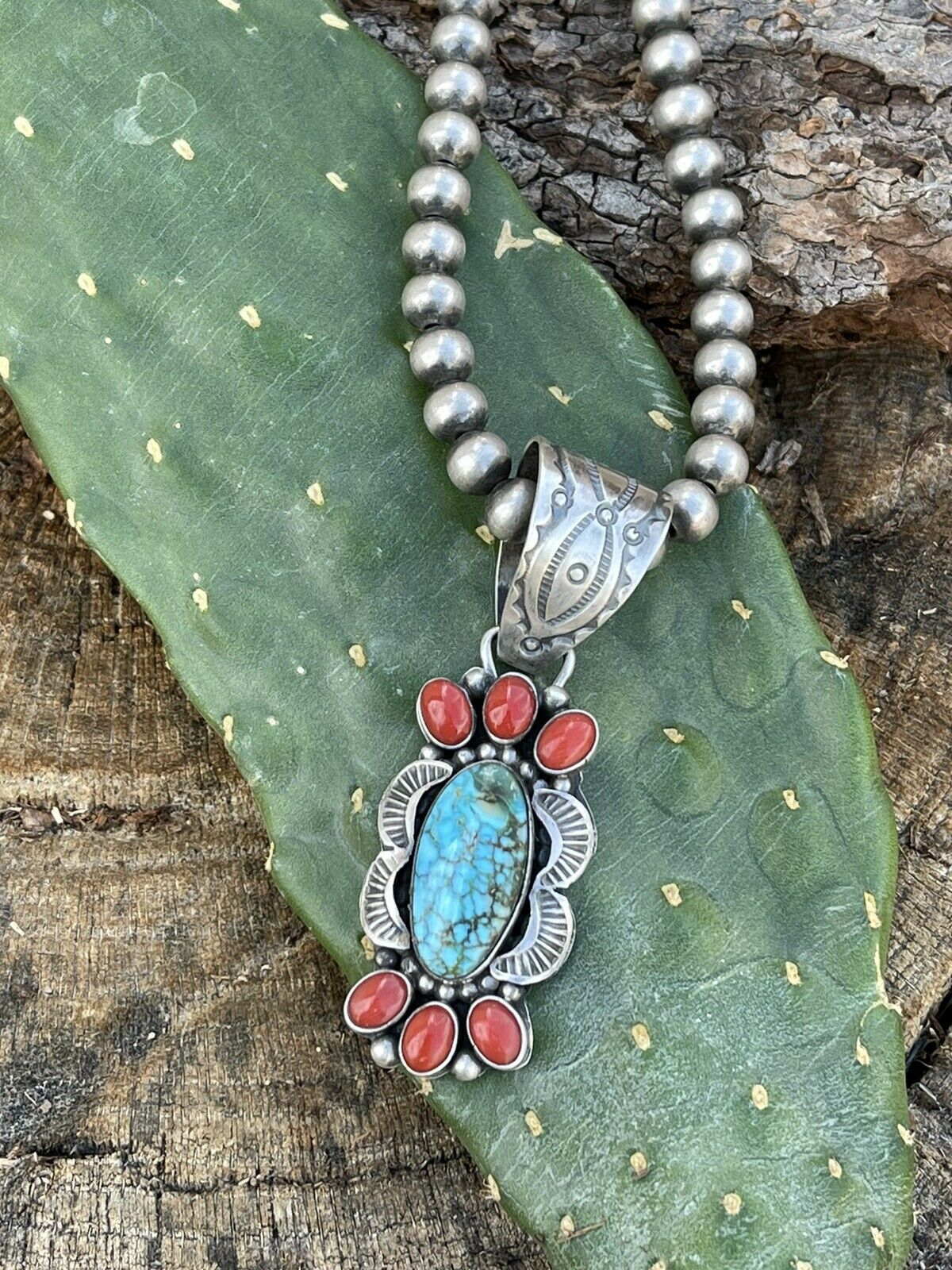 Navajo Sterling Kingman Web Turquoise & Red Coral Pendant Taos Collection