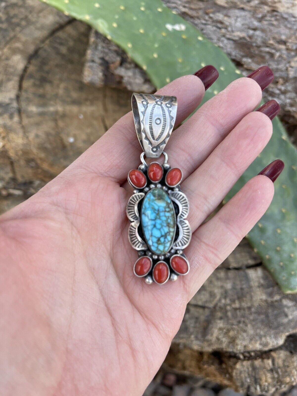 Navajo Sterling Kingman Web Turquoise & Red Coral Pendant Taos Collection