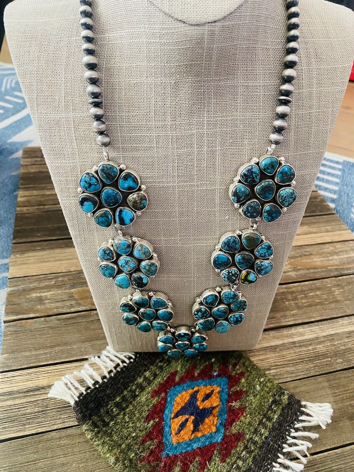 Navajo Natural Kingman & Sterling Silver  Cluster Necklace