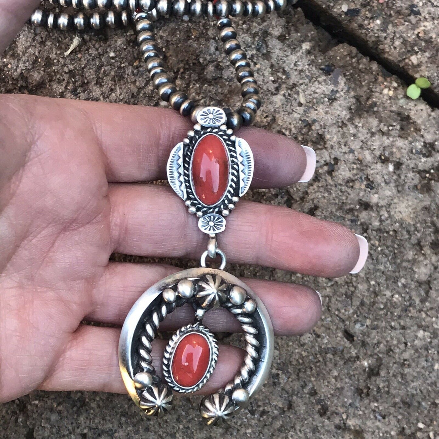 Navajo Natural Red Coral & Sterling Silver Naja Necklace