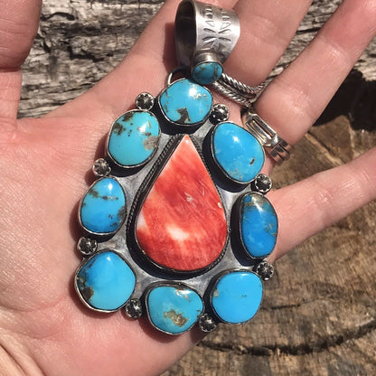 Navajo Sterling Silver Spiny Oyster And Kingman Turquoise Pendant