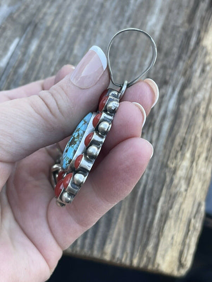 Navajo Sterling Kingman Web Turquoise & Red Coral Taos Pendant Kathleen Chavez