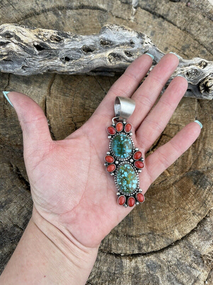 Navajo Sterling Kingman Web Turquoise & Red Coral Taos Pendant Bea Tom