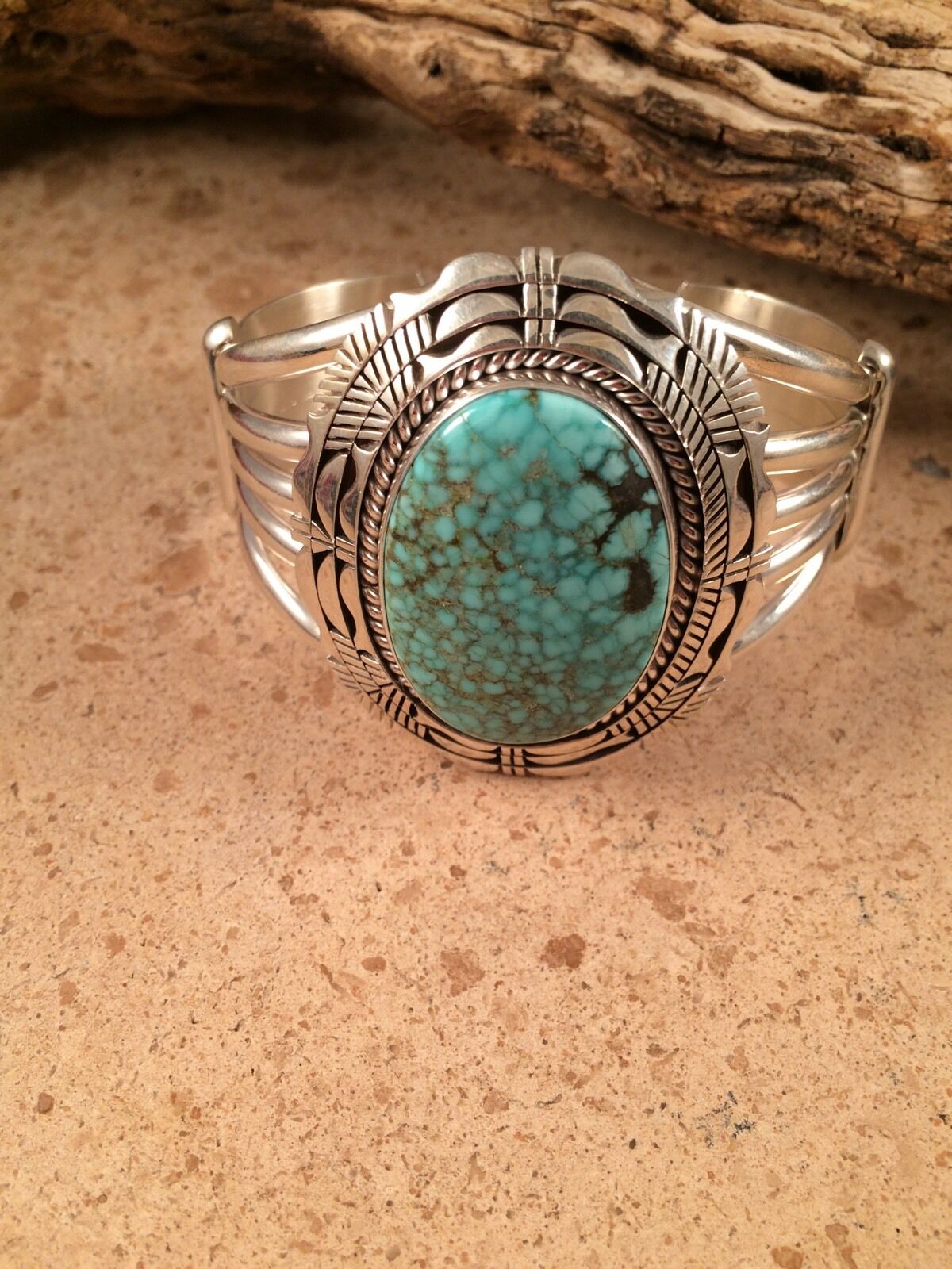 Eugene Belone Spider Web Turquoise & Sterling Silver Stamped Bracelet Signed