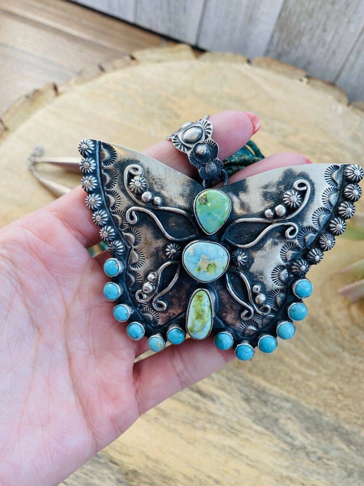 Navajo Sonoran Mountain Turquoise & Sterling Silver  Butterfly Necklace Signed