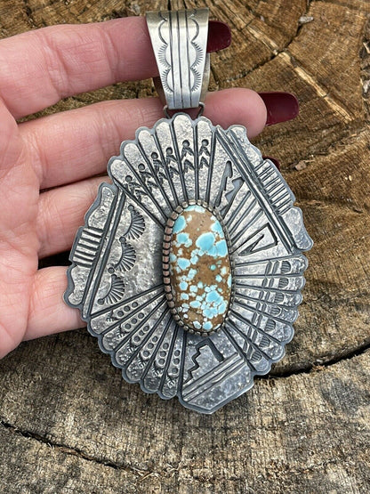 Navajo Number 8  Turquoise & Sterling Tufa Cast Jumbo Pendant Signed