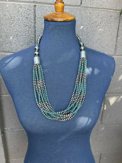 Navajo Sterling Silver & Turquoise Beaded 10 Strand Necklace