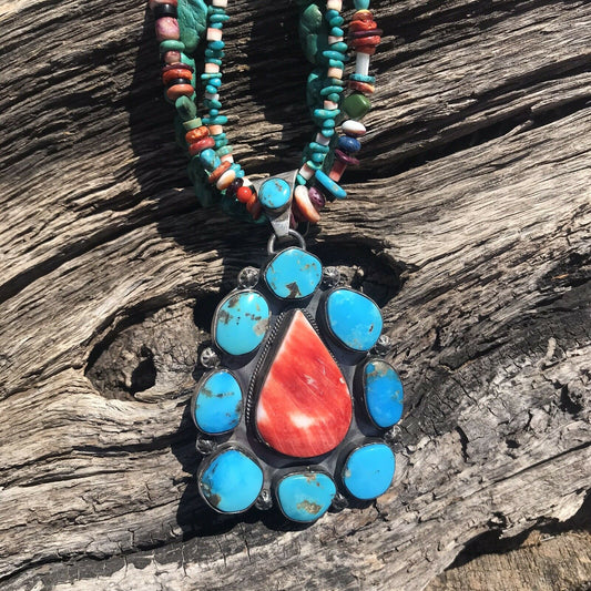 Navajo Sterling Silver Spiny Oyster And Kingman Turquoise Pendant