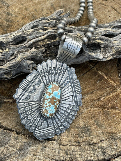 Navajo Number 8  Turquoise & Sterling Tufa Cast Jumbo Pendant Signed