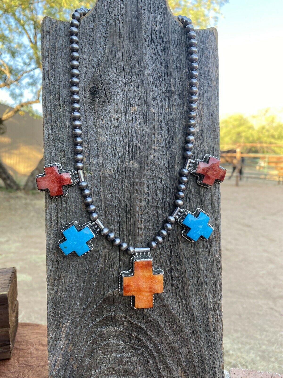 Buffalo Dancer Kingman Turquoise & Spiny Sterling Cross Beaded Necklace Signed