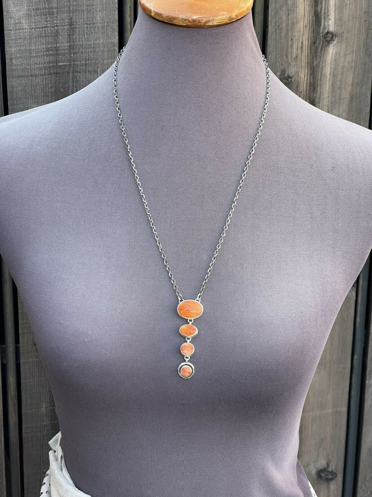 Navajo Orange Spiny Circle & Sterling Silver 4 Stone Lariat Necklace