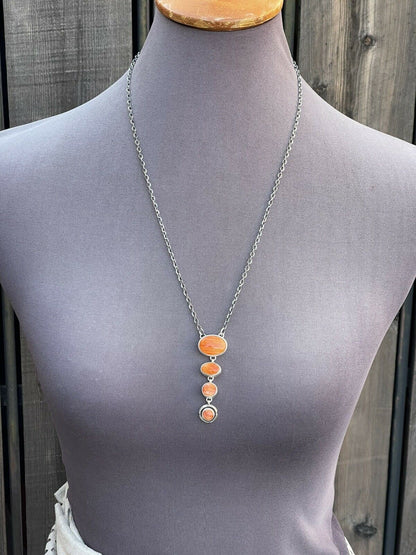 Navajo Orange Spiny Circle & Sterling Silver 4 Stone Lariat Necklace